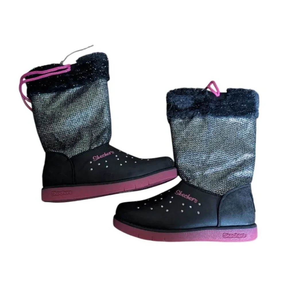 Skechers Girls Black Winter Boots w/ Rhinestones & Faux Fur, Size 4